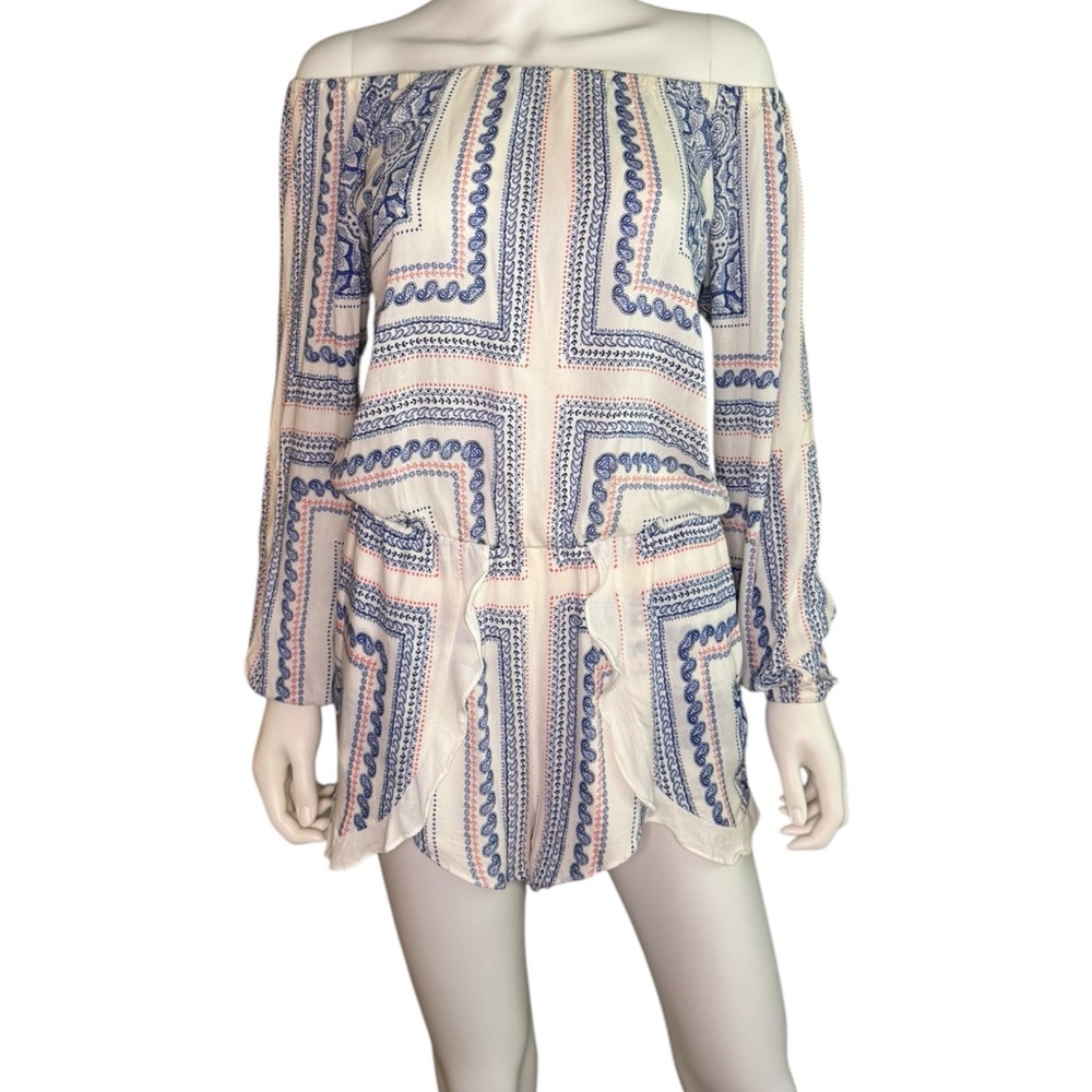 Lovers + Friends Blue and Cream Off-Shoulder Romper